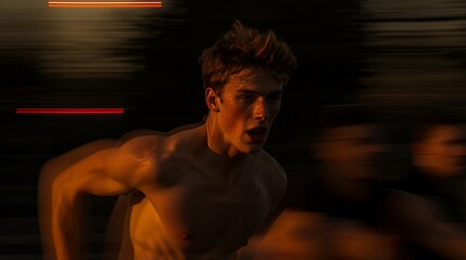 Shirtless athlete sprinting at sunset, motion blur.