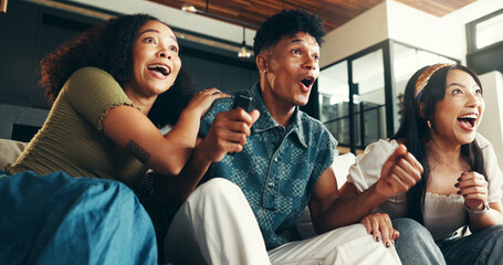 Friends, excited and celebration with watching tv on sofa for sports goal, team support and match...
