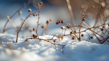 Macro Tilt-Shift Photography, Winter Branches and Berries in Snow, Intricate Details and Miniature Effect