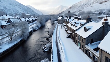 Aerial View of Snow Covered Keswick Sidewalk, Guisachan Village, Cumbria, UK