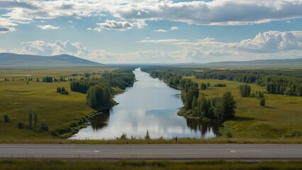 Serene Arctic River Landscape, Summer Grasslands, Roads, and Cloudy Sky