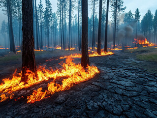 Climate change wildlife crisis concept. A wildfire burns through a forest, with flames consuming the underbrush and smoke rising amid tall trees, creating an intense and dramatic scene.