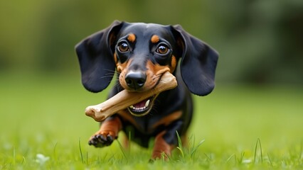 Playful Dachshund Dog with Bone, High-Resolution Close-Up Photo