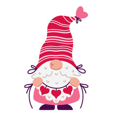 A funny gnome holds a festive garland with hearts in his hands. Cute elf with beard, in a red and pink suit, a striped hat. Happy Valentine's Day party, romantic surprise. Hand drawn isolated clipart