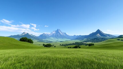 Fototapeta premium Scenic landscape featuring mountains and lush green fields.