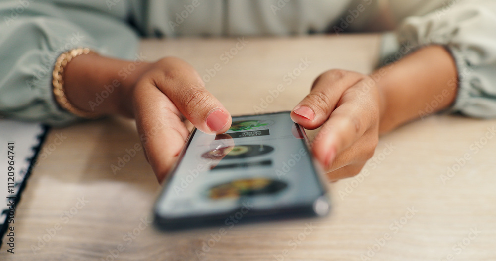 Poster phone, app and hands of woman with online order, shopping and digital scroll at desk. mobile, ads an