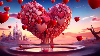 Valentine Day greeting card with surreal romantic landscape full of hearts