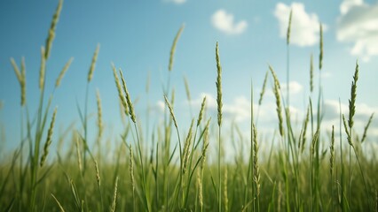 Photorealistic Summer Grass Close-up, Tall Blades, Blue Sky, White Clouds - Minimalist Nature Scene