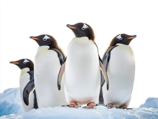 Fototapeta premium Climate change wildlife crisis concept. A group of four penguins standing on ice, showcasing their distinctive black and white plumage against a bright background.