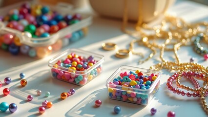 Colorful Beads, Letter Beads & Jewelry Making Supplies on White Table