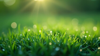 Obraz premium Award-Winning Close-Up, Lush Green Grass with Dew Drops, Blurred Background, Copy Space
