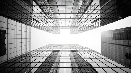 Fototapeta premium Glass surface of skyscrapers view in district of business centers, black and white, modern glass city buildings on the background of the white sky