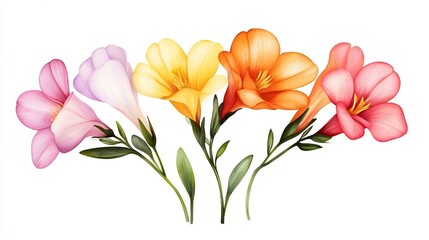 Naklejka premium Elegant Multicolored Freesia Blooms in Watercolor Style Isolated on White Background