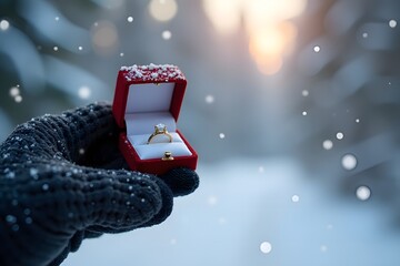 Winter Proposal Scene with Gloved Hand Holding Red Ring Box in Falling Snow