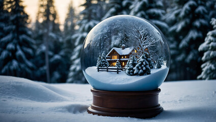 Snow globe with cabin and trees, perfect for winter themed designs, holiday cards, and seasonal promotions.