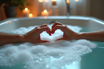 Romantic Heart-Shaped Hands Above Relaxing Bubble Bath