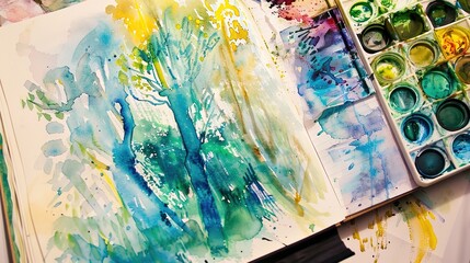 Obraz premium Art Notebook with Watercolor Paint - a creative and inspiring visual. The combination of an art notebook and vibrant watercolors evokes imagination and artistic expression.
