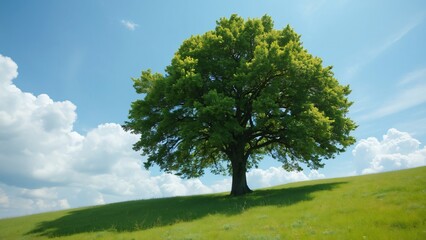 Fototapeta premium Majestic Summer Tree on Green Hill, Blue Sky and Puffy Clouds - Photorealistic Landscape