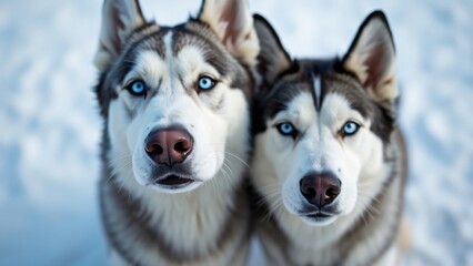 Obraz premium Stunning Close-Up, Two Siberian Huskies with Captivating Blue Eyes in Snowy Wonderland