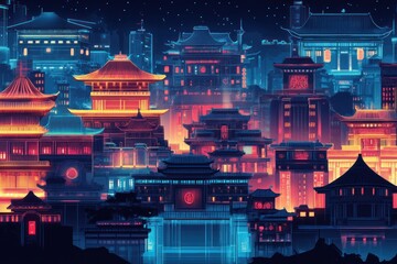 Fototapeta premium Neon Lit Asian Cityscape at Nighttime
