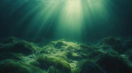Obraz premium Sunbeams pierce murky underwater scene, illuminating seabed covered in green algae. Ideal for projects related to ocean, nature, or environmental themes, evoking mystery and tranquility.
