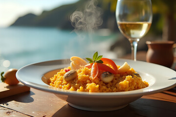 Vibrant Yellow Risotto with Fresh Vegetables in Outdoor Setting