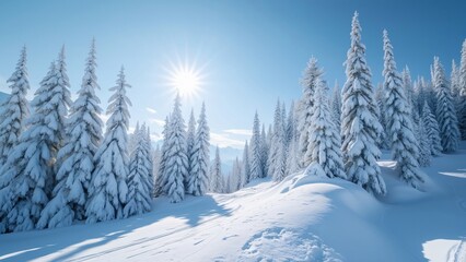 Fototapeta premium Enchanting Winter Wonderland, Snow-Covered Pine Trees, Pristine Ski Slope, and a Clear Blue Sky
