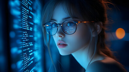 Woman Codes; Night Digital Screen, Glasses Reflecting Code,  Intense Focus.
