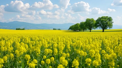 Spectacular Rapeseed Field Landscape, Vibrant Yellow Flowers, Lush Green Trees, and Distant Mountains Under a Blue Sky