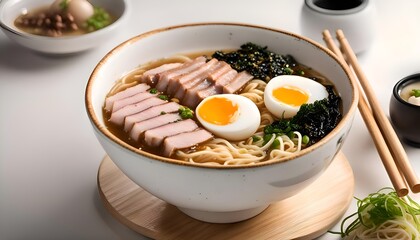 Japanese ramen noodle soup with pork and egg on white background