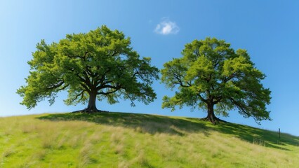 Fototapeta premium Two Majestic Oak Trees on Sunny Hilltop, Lush Green Grass, Vibrant Blue Sky - Idyllic Landscape Photography