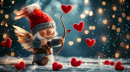A cute, whimsical character with wings and a hat shoots arrows at floating hearts, creating a magical, romantic atmosphere.