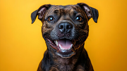 Happy Dog Smiles Brightly Against Yellow
