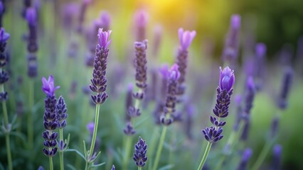 Tranquil Lavender Field, Close-Up of Blooming Purple Lavender Flowers with Blurred Background,...