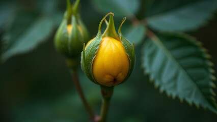 Macro Close-up of Vibrant Yellow Rose Hip Buds in Forest Setting, Stunning Botanical Photography