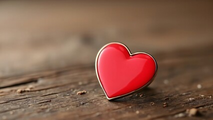 Obraz premium Red Heart-Shaped Pin on Wooden Table, Valentine's Day Love and Affection Symbol