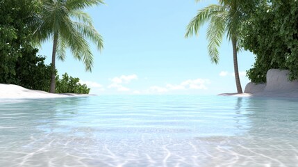 Obraz premium Serene tropical beach with calm waters and palm trees.