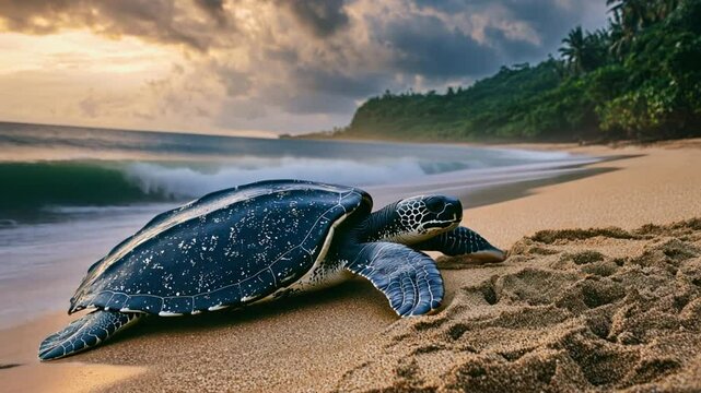 A leatherback sea turtle crawls along a sandy beach, returning to the ocean after laying eggs, with the ongoing battle to preserve its nesting sites from human encroachment.
