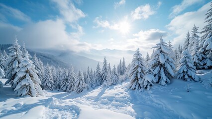 Stunning Panoramic Winter Landscape, Snow-Covered Forest, Majestic Mountains, Sunny Day