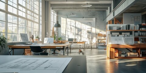 Interior of a sleek design studio with drafting tables, blueprints, and design tools