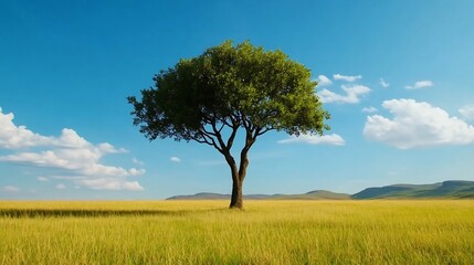 Obraz premium Lone Tree Standing Tall in Open Field Symbolizing Solitude and Freedom in Nature