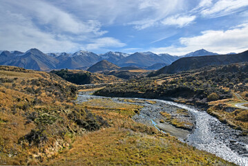 Mount Cheeseman River and Southern Alps in Autumn NZ