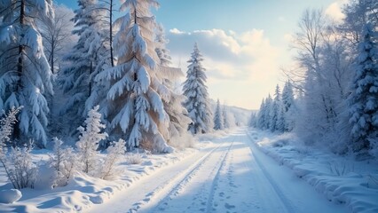 Fototapeta premium Magical Snow-Covered Forest Road, Serene Winter Landscape Photography in Cottagecore Style