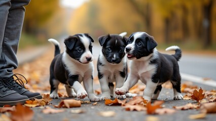 Three Adorable Black and White Puppies Playing in Autumn Leaves with Person - High-Definition Photo