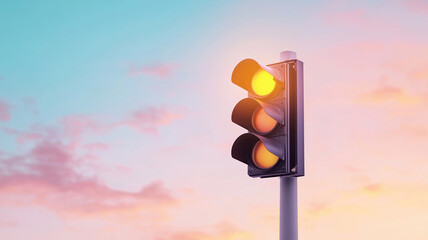 simple traffic light pole showing yellow light against colorful sky
