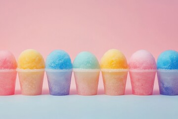 Colorful snow cones in cups, pastel hues. Perfect for summer, food blogs, and refreshment themes. © SY