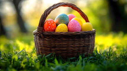 Colorful Easter Eggs in Woven Basket Outdoors