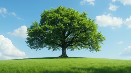 Fototapeta premium Majestic Oak Tree on Lush Green Hill, Summer Day, Blue Sky, White Clouds - High-Resolution Nature Photography