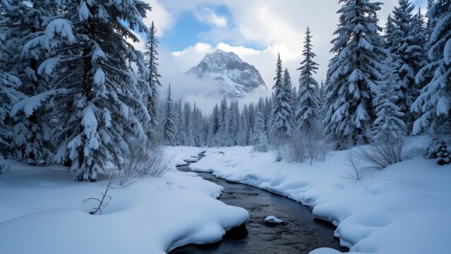 Snow-Covered Trees & Stream in Kaisersee, BC, Majestic Winter Landscape Photography