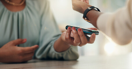 Person, hands or pos machine with smart watch for payment, electronic transaction or tap. Closeup,...
